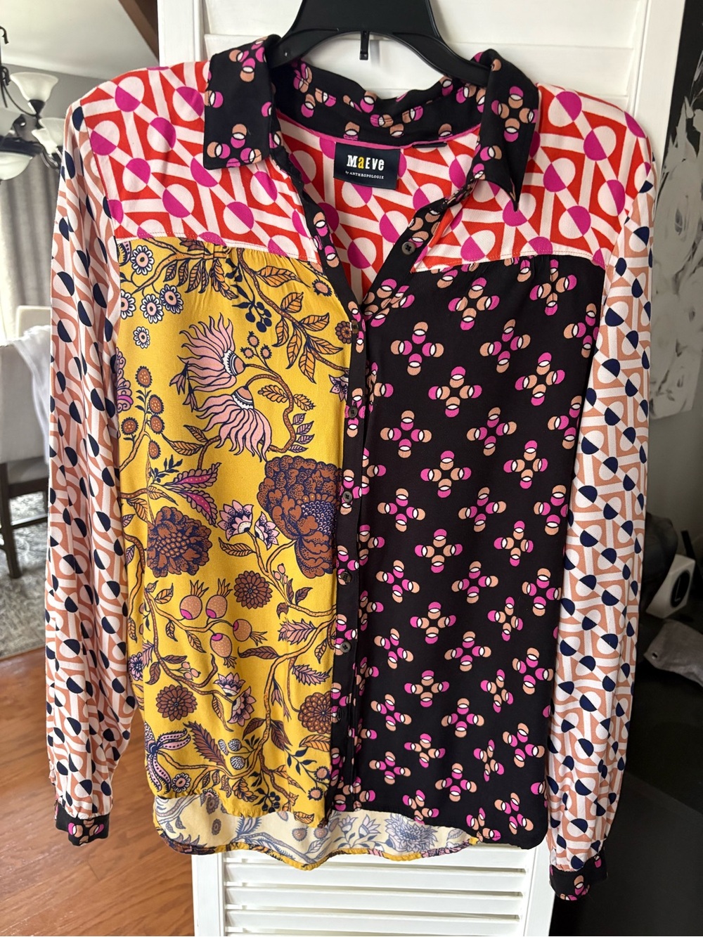 Maeve Multicolor Patchwork Button-Down Shirt with Yellow Floral Panel